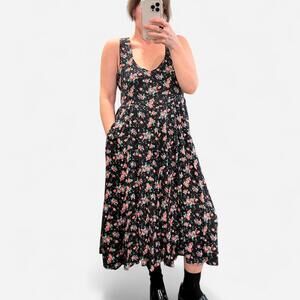 Vintage 90s Black Floral Midi Dress Cottagecore Sleeveless Fit and Flare